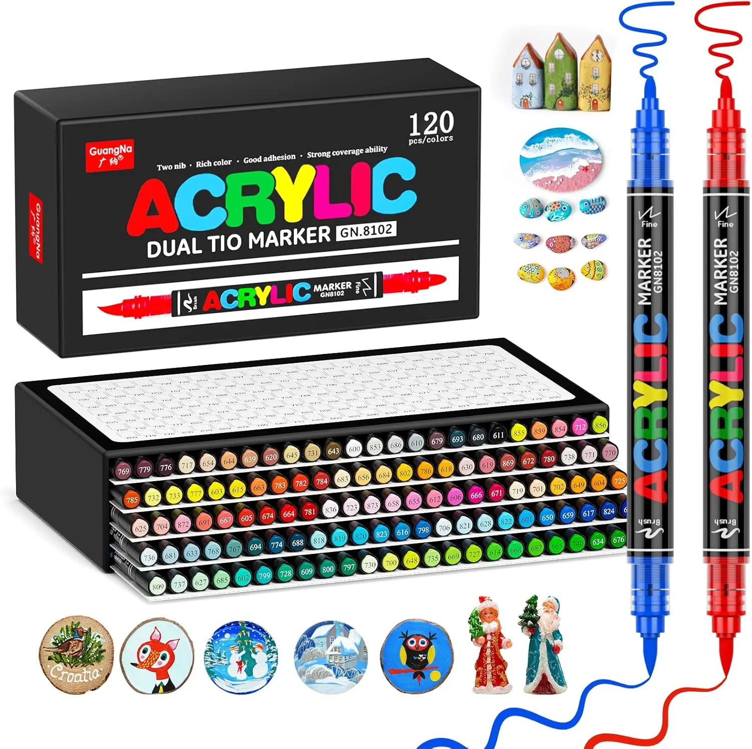 

120 Colors Acrylic Paint Markers, Dual Fine & Brush Tips, Non-Bleed Waterproof Quick-Drying for Rock Canvas Wood Egg