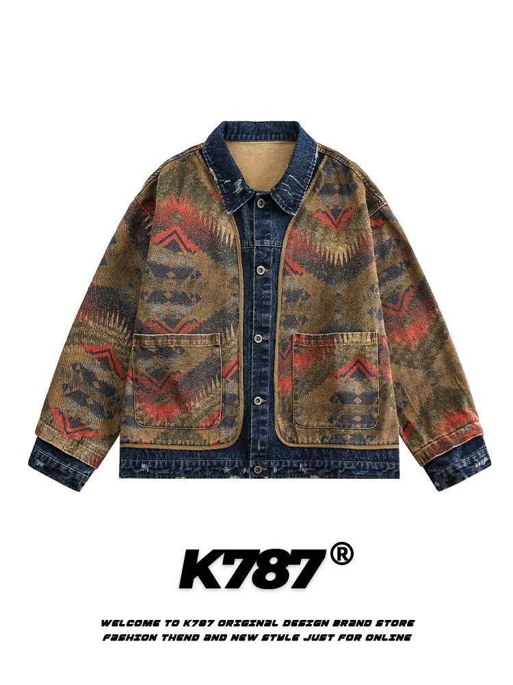 

Retro American Sle Distred Denim Jaet ex Splicing Design Couple Outerwear Spring Autumn Cotton Casual Jaet