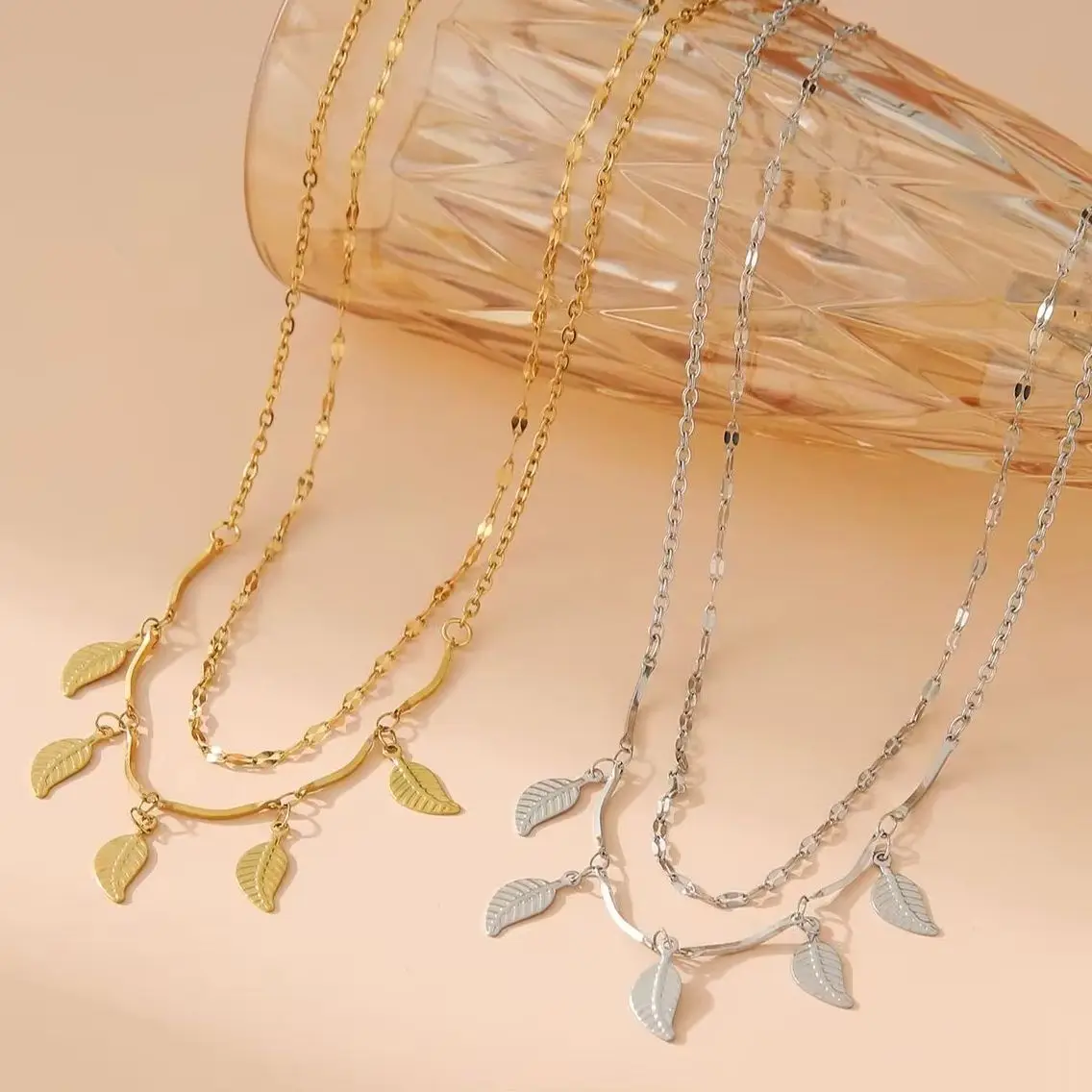 

Double Layer Leaves Necklaces For Women tiki Stainless steel 18K Gold Plated Chain Jewelry Fashion Gift For Beach vacation