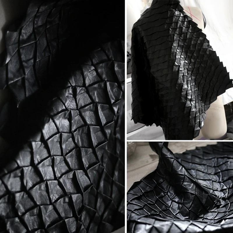 Tessuto tridimensionale in pelle nera con squame di pesce autunno e inverno, tessuto di moda originale di design