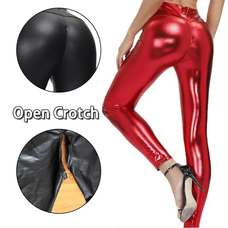 Woman Sexy Open Crotch Leggings Leather Elastic Skinny Flash PU Panties Hidden Zipper PU Pants for Couple Outdoor Sex Costume