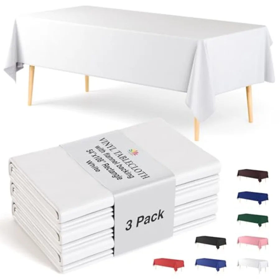 

Vinyl Tablecloths - 54 in. X 108 in. - Pack of 3 Rectangle Tablecloth with Flannel Backing - Plastic, Reusable and Waterproof