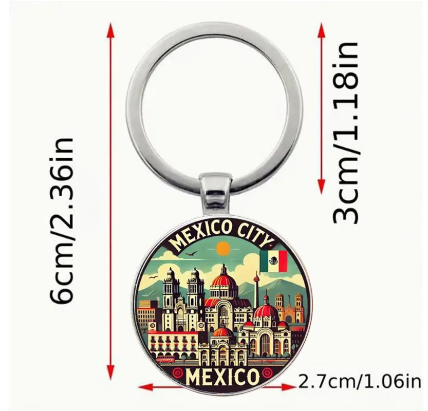 سلسلة مفاتيح ريترو مكسيكو سيتي - سلسلة مفاتيح ريترو ميني سيتي ذات تصميم وشعار من سبائك الزنك، هدية فريدة لعيد ميلاد المكسيك القديم #2