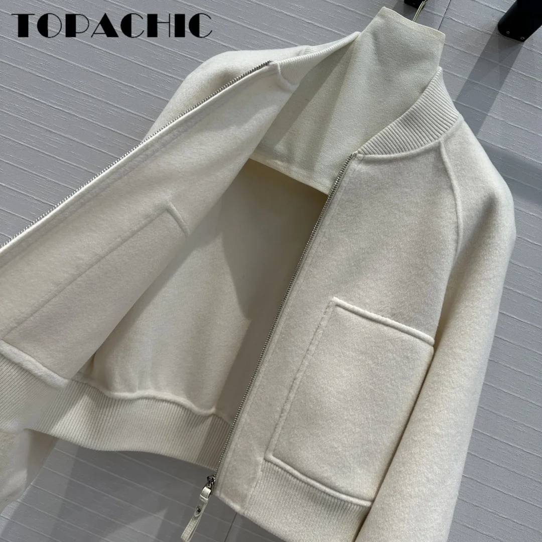 7.24 TOPACHIC-FemaleTemperament Double-Side Cashmere Jacket Ribbed Spliced Stand Collar Big Pocket Zipper Short Outerwear