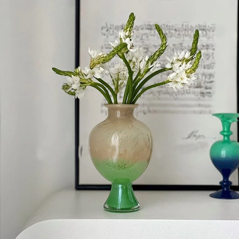 Medieval gradual change green glass vase big belly simple hydroponic decorative ornament model room glazed flower ware