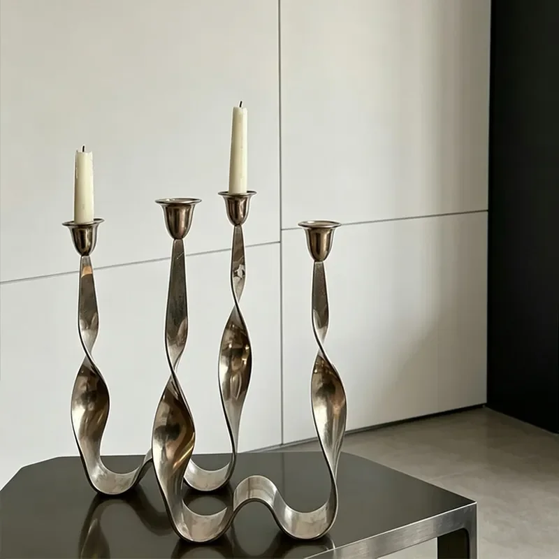 Modern Silver Stainless Steel Candlestick Holder Single Double Ended French Style Desktop Decor for Home Restaurant Model
