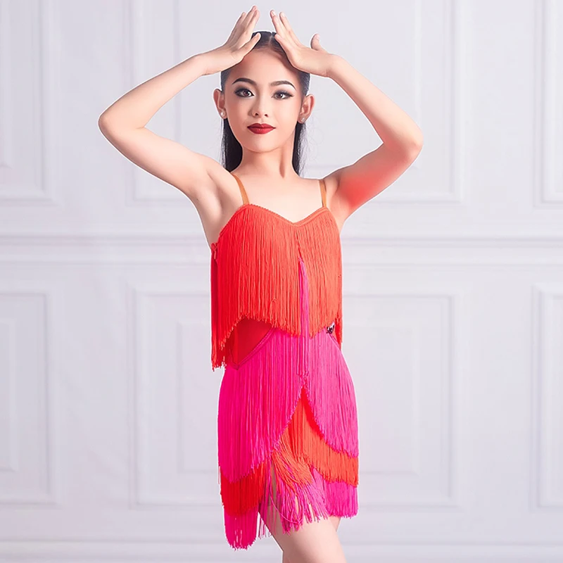 Summer Girls Latin Dance Competition Dress Multi-Colors Tassels Dress Kids Cha Cha Rumba Samba Dance Fringed Clothes DNV20993