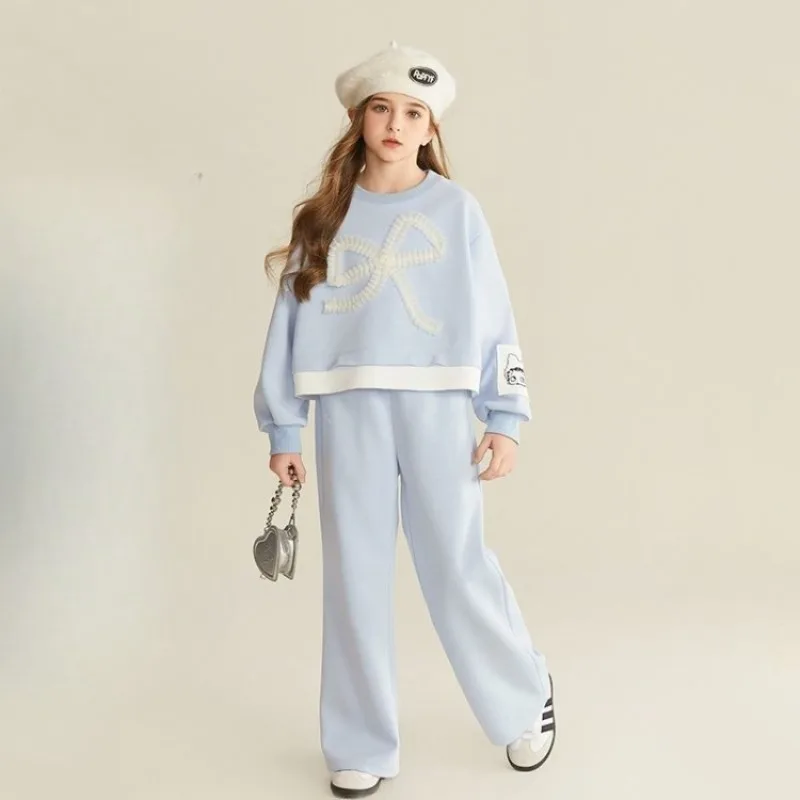 Top & Pants 2-Piece Set Sweatshirt Bow Korean Children's Clothing 2025 Autumn Winter Suits Clothes for Girls From 7 To 8 Years