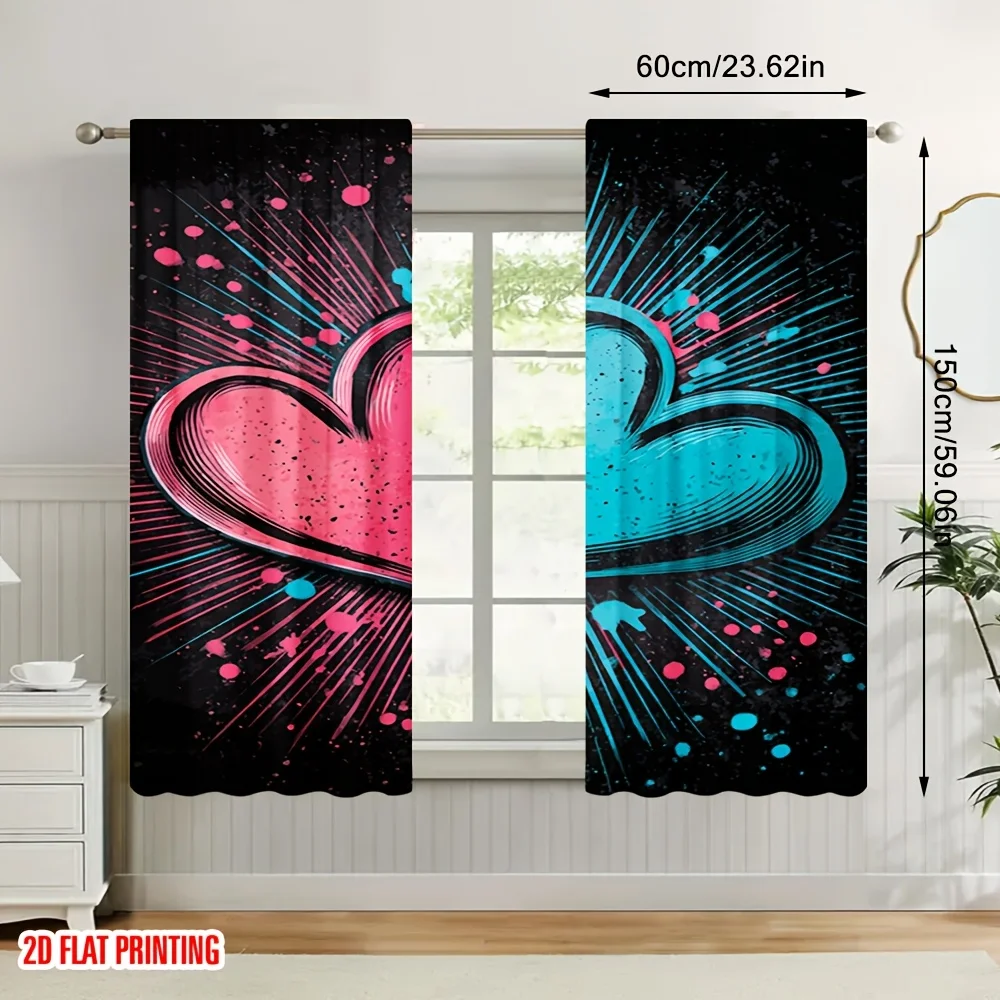Colorful Graffiti Heart Curtain, Pink Blue Love Pattern Drape, Street Art Style Window Treatment for Bedroom Living Room Home