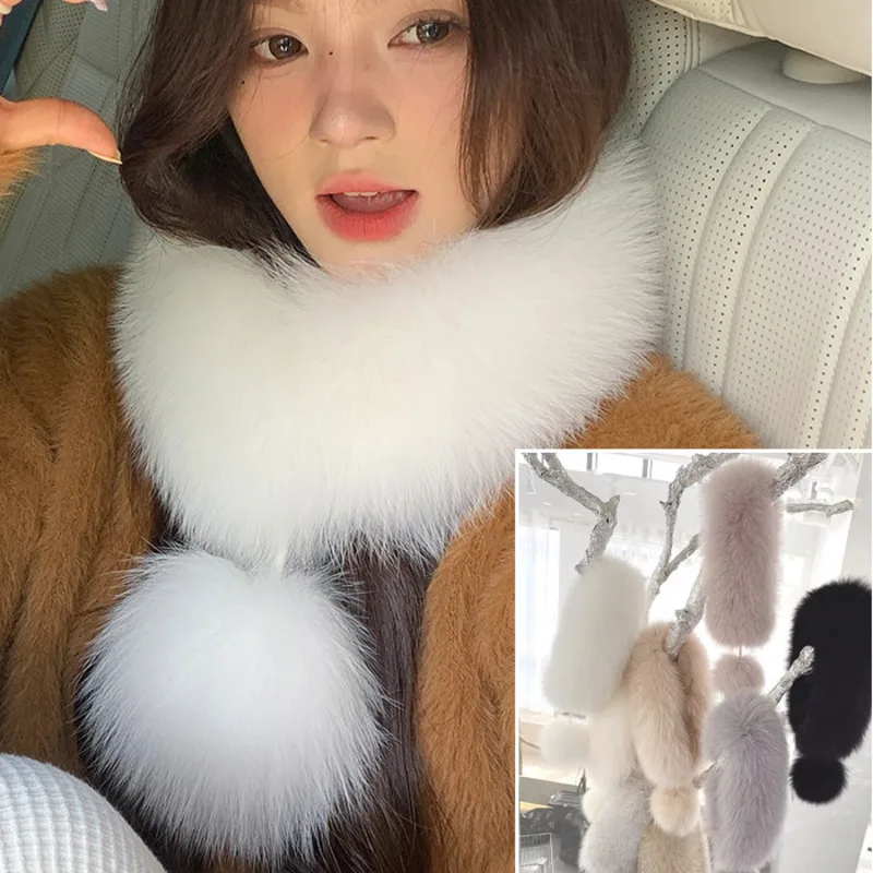 Real Fox Fur Scarf Winter Fashion Fur Scarfwith Rex Rabbit Fur On The Back Women's Winter Warm Double-Sided Natural Fur Scarf