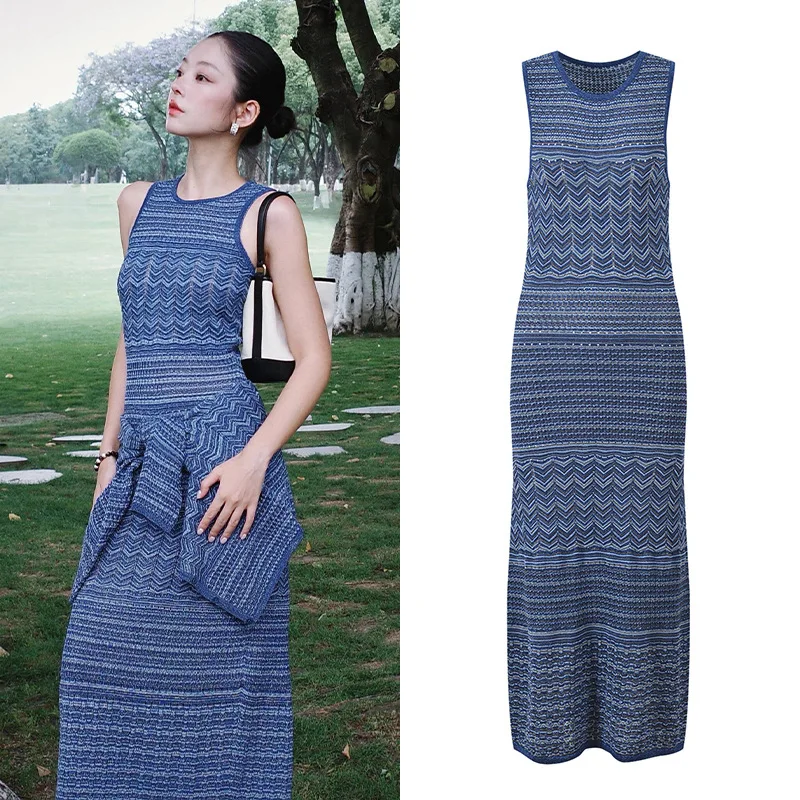 

Summer 2025 Ele Faionable Slimming Long Knitted Dr Wave Pattern round Neline Commute Sle Women's Premium Quali...