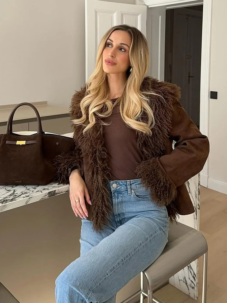 Chaquetas de piel sintética Vintage para mujer, abrigo informal de felpa con solapa abierta, prendas de vestir de calle cálidas y elegantes a la moda para otoño e invierno