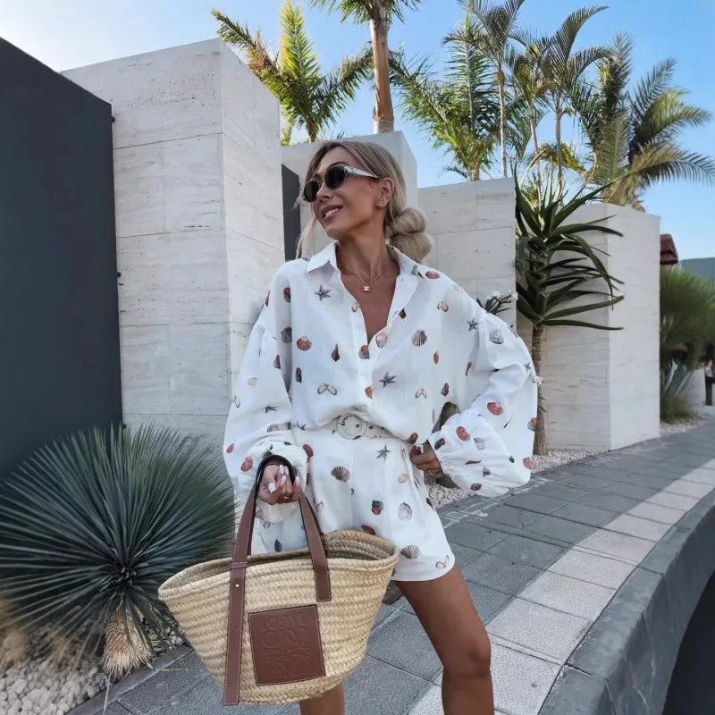 

Women Pant Set Two Piece Sets Turn Down Collar Full Sleeve Shirt Tops Short Pants Elastic Waist Y2k Streetwear Casual Loose 2026