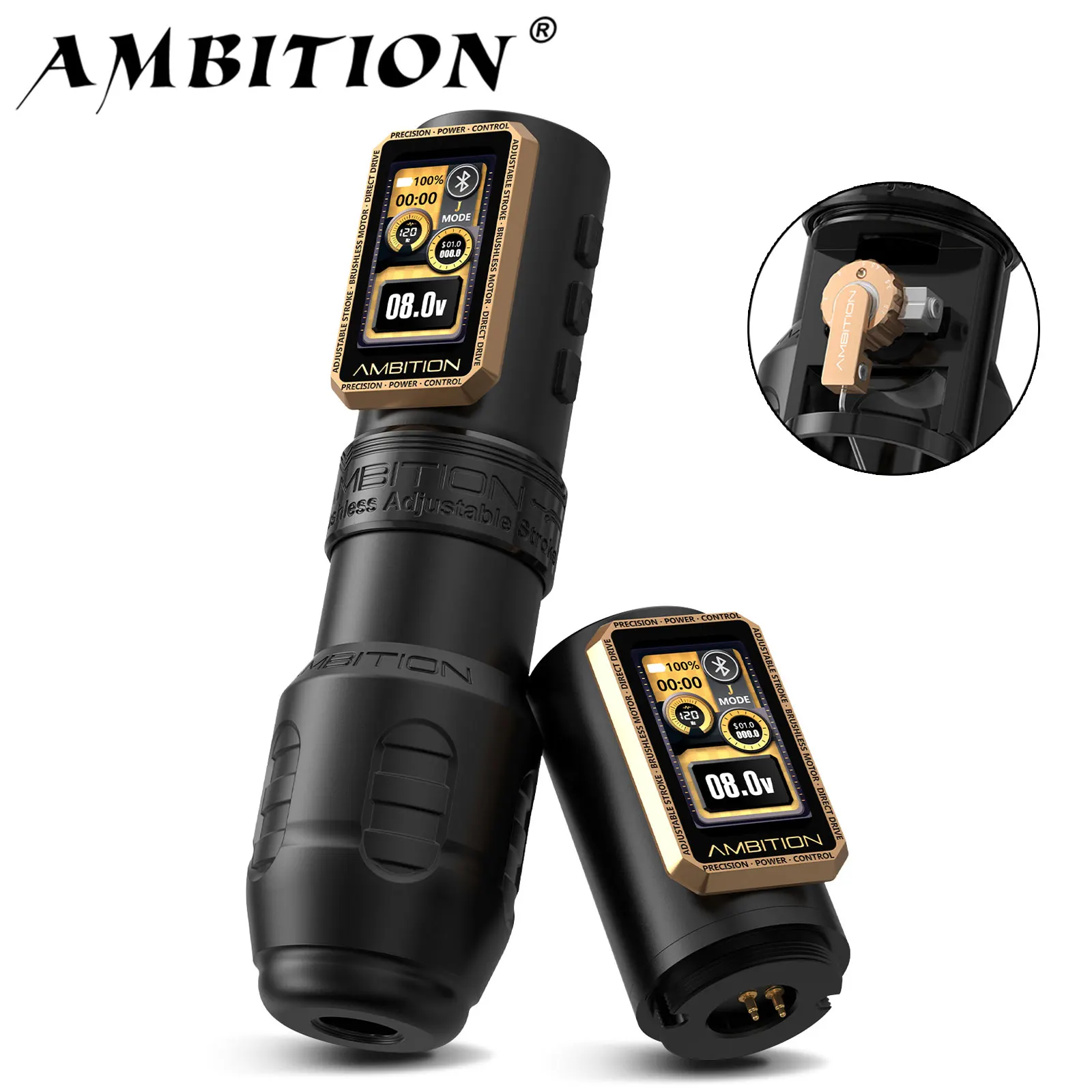 Ambition Epoch Max Wireless Tattoo Machine 1.0-5.0mm Direct Drive Adjustable Stroke Brushless Motor 2400mAh Battery Grip 34+42mm