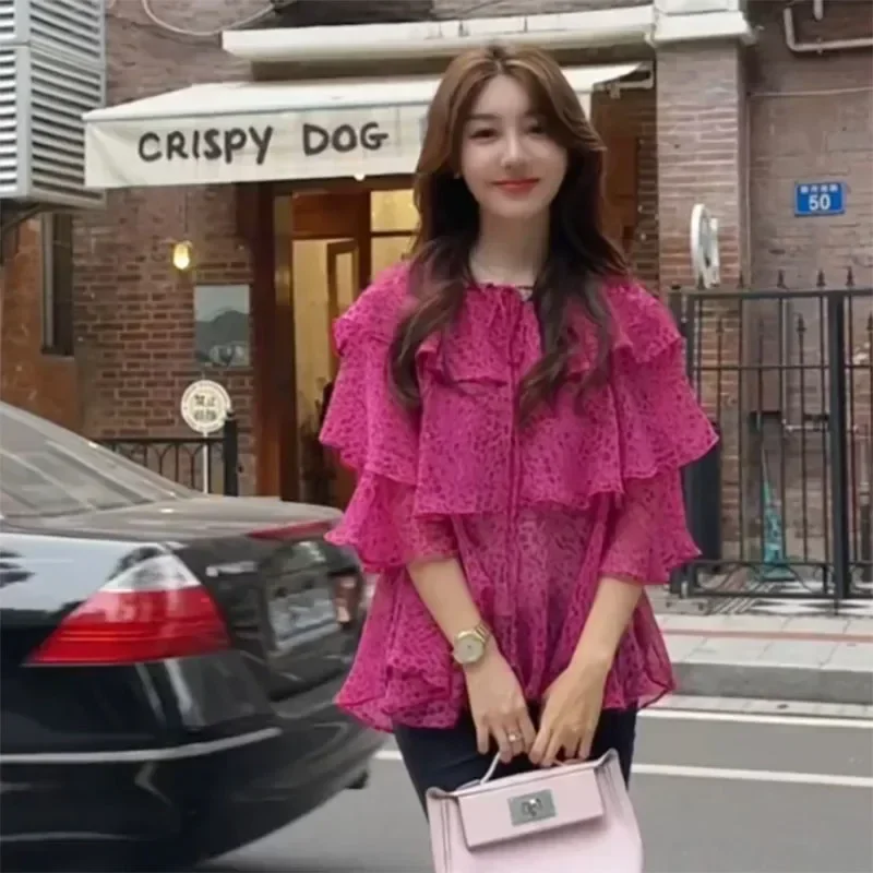 

Fashion O-Neck Printed Lace Up Bow Ruffles Blouses Women's Clothing 2024 Summer New Loose All-match Tops Butterfly Sleeve Shirts