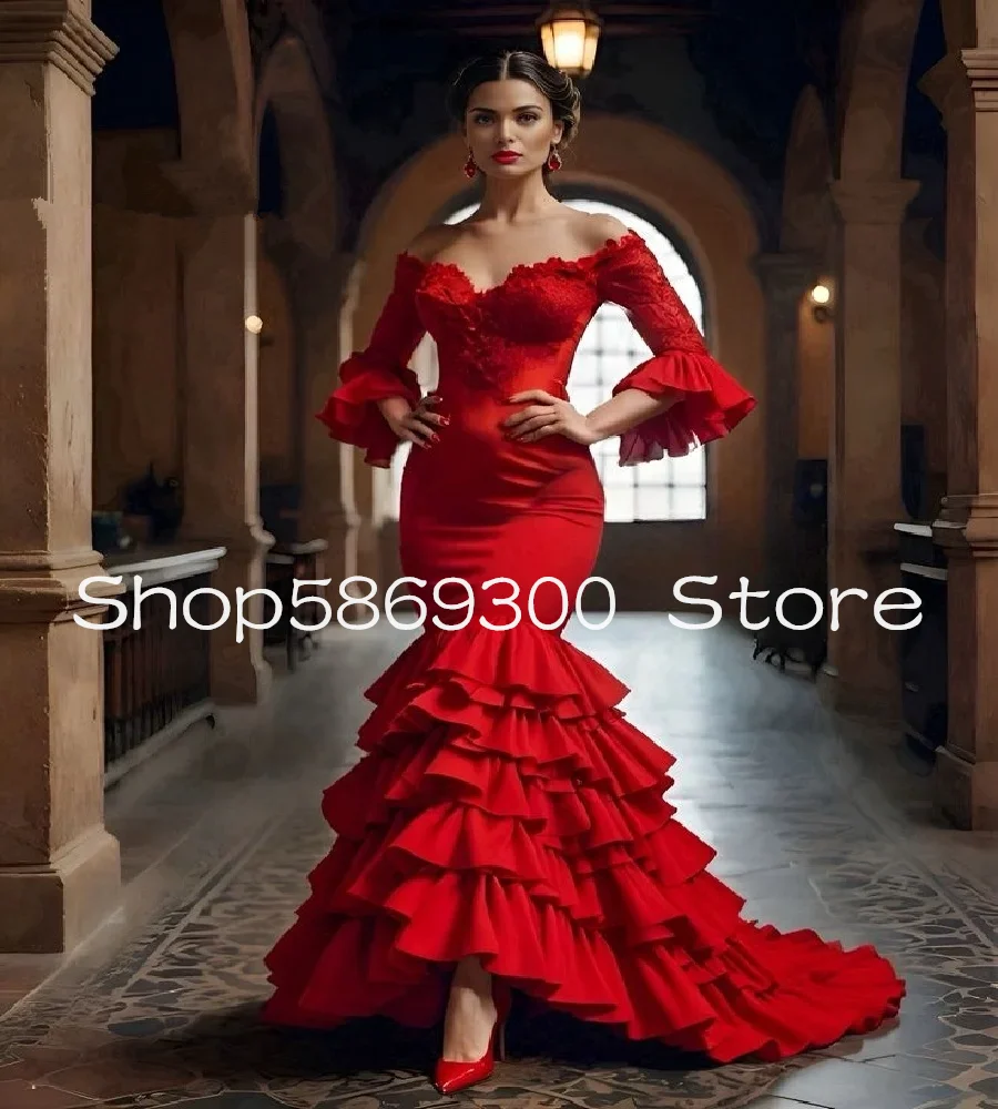 Flamenco Red Prom Dresses Gypsy Dancer Mermaid Evening Dress Tired Ruffles Elegant Formal Party Gowns Spanish Customized