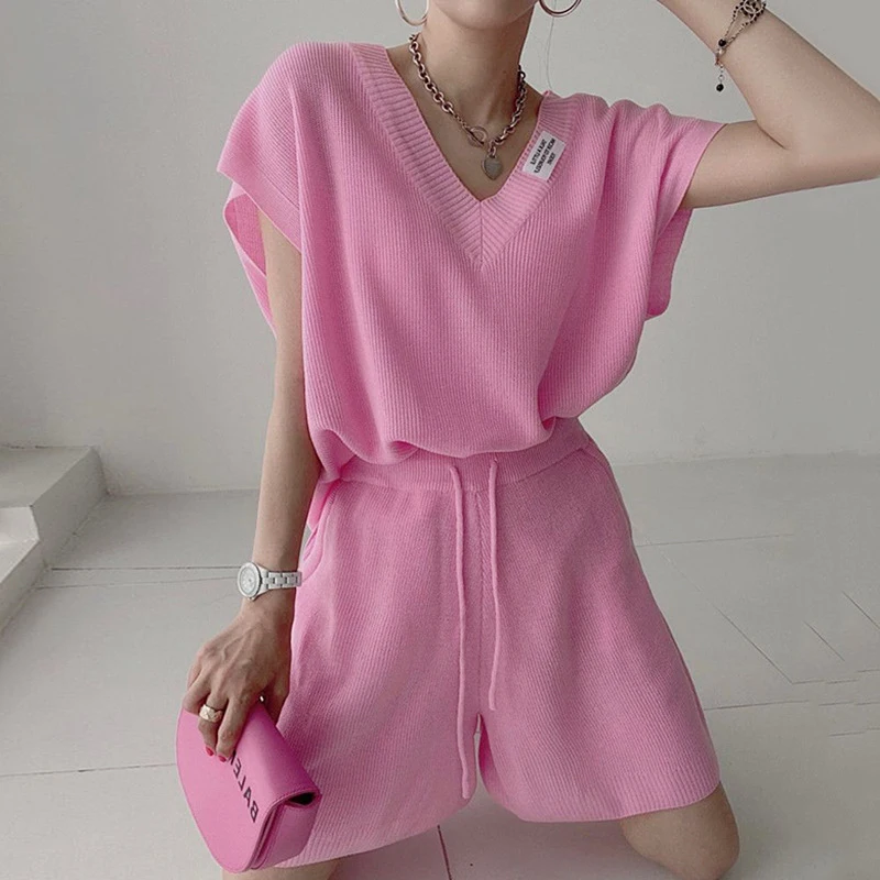 2023 Sweet V-neck Short Sleeve Pullover Sweater+drawstring Wide Leg Shorts Pink 2 Piece Sets Womens Loose Streetwear Shorts Sets
