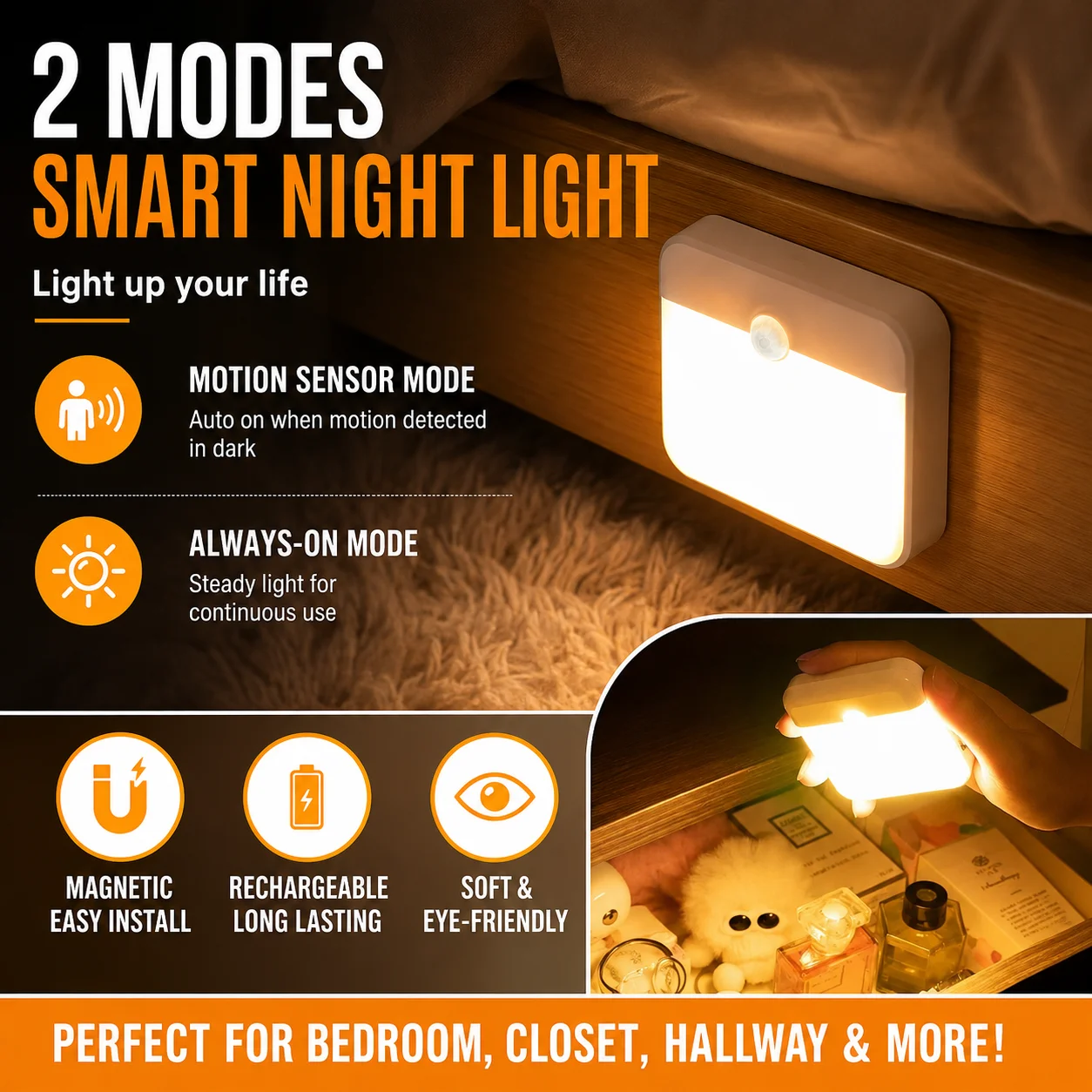 Human & Pet Motion Sensor Night Light, Type‑C USB Rechargeable Square LED Lamp, Suitable for Bedroom, Kitchen, Stairs