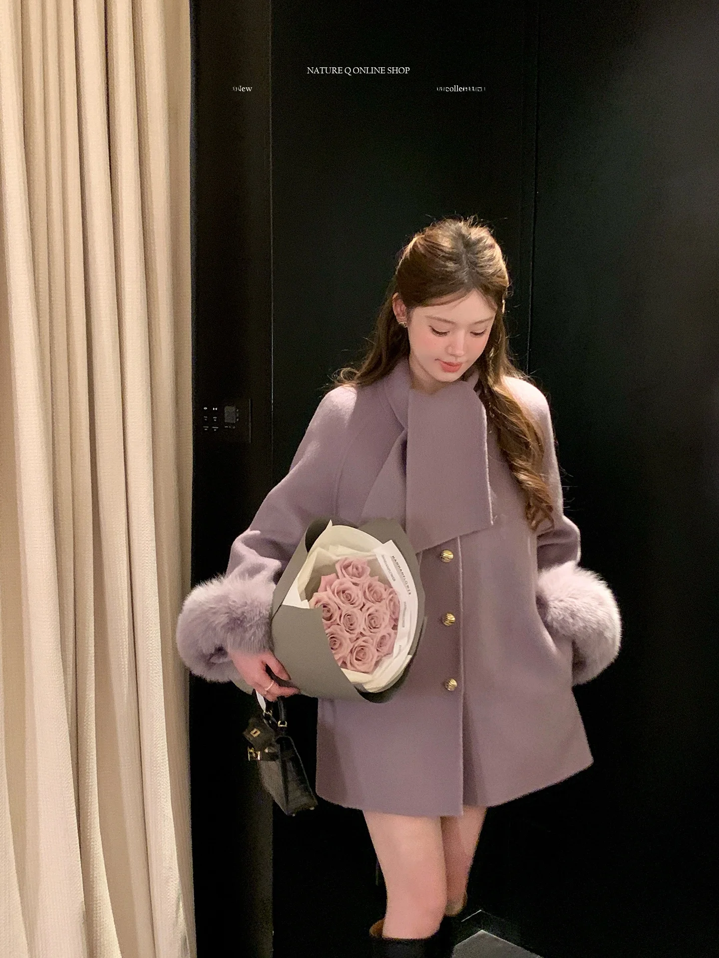 

Double-Sided Woolen Fur Sve Purple Coat Medium-Length Commuter Sle Cisas New Year's Day Robe Young Women's Faion