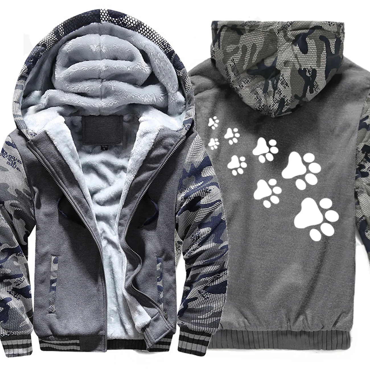 Funny Kawaii Cat Paws Print Cute Male Hoodies Fashion Thicken Hoody Street Zipper Warm Clothing Comfortable Sport Men Sweatshirt