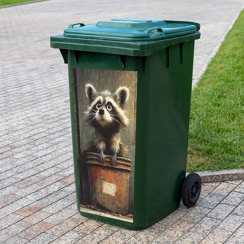 Baby Raccoon Old Metal Bucket Vinyl Mural Stickers Waterproof Sun-proof for Home Refrigerator Outdoor Rubbish Bin Decorations