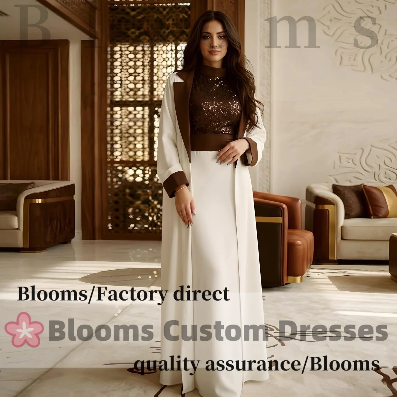 

Customized Two-Piece White & Brown Abaya Style Evening Gown with Sequined Top Matching Open Coat Elegant Formal Dress