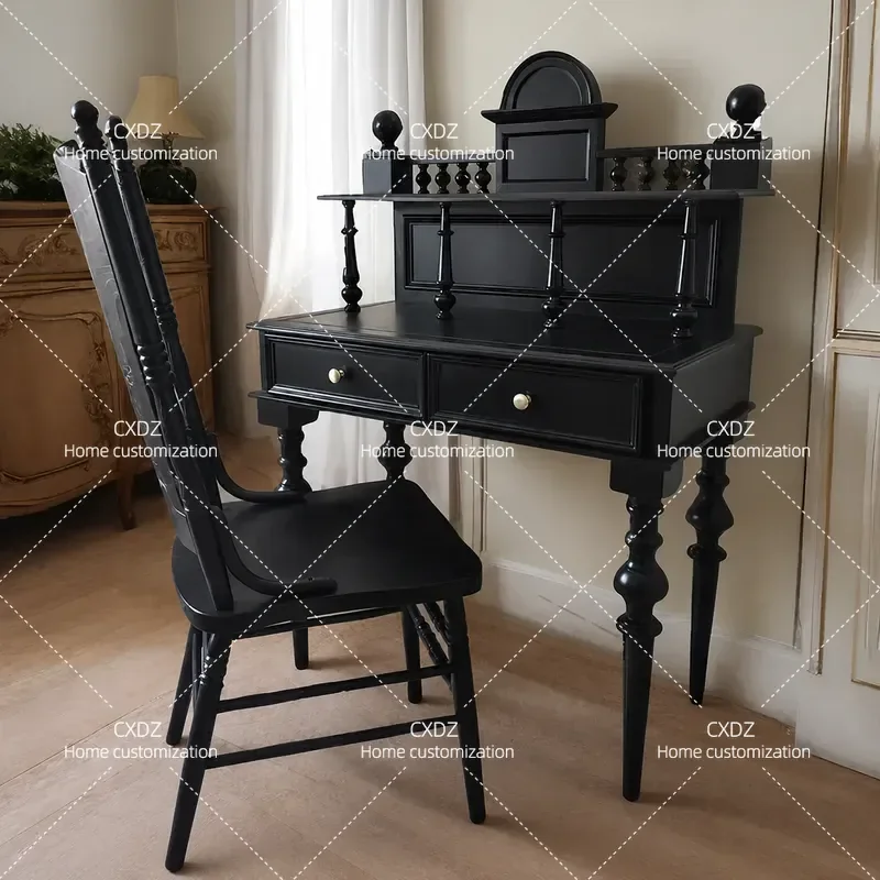 French Retro Solid Wood Dressing Table American Light Luxury High End Furniture Column Black Multi Functional Vanity