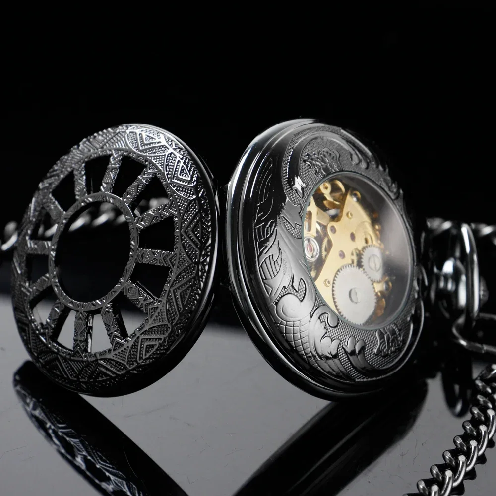 Black Mechanical Pocket Watch Men Antique Style Gift Pocket Chain Timepiece Roman Numerals Dial Display Vintage Watch Male
