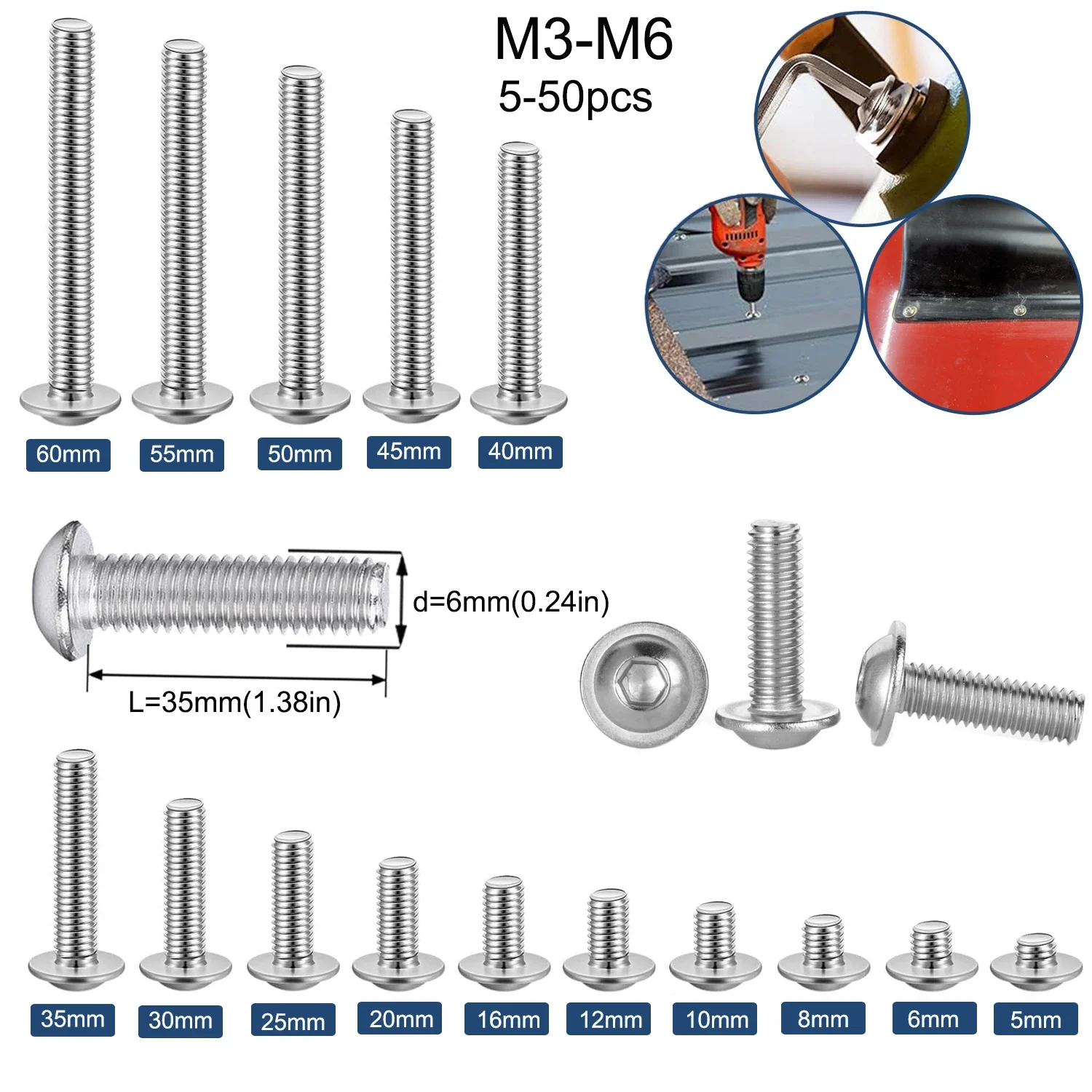 5/10/25/50Pcs M3-M6 304 Stainlesss Hex Socket Screws, Flanged Button Head with Washer, Rustproof Machine Bolts