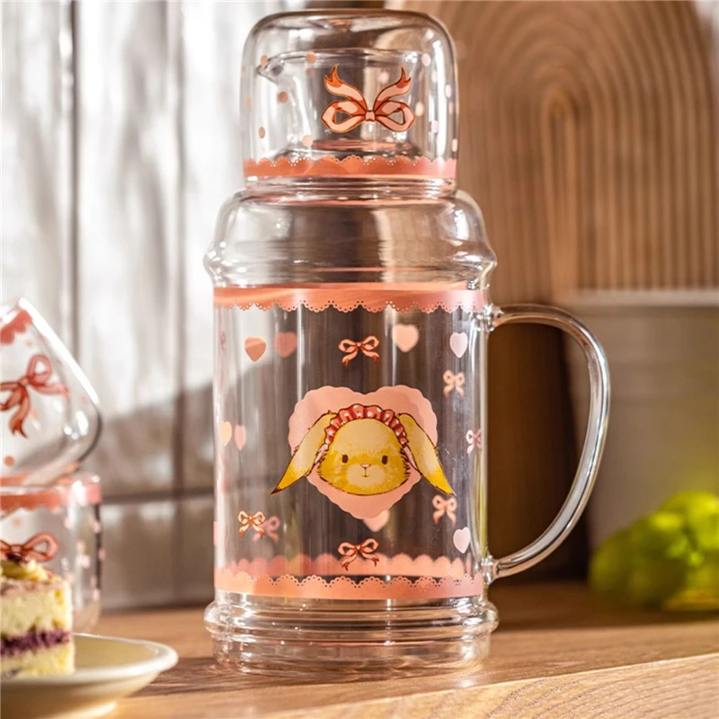 กาต้มน้ําแก้วเย็นพร้อมฝาปิดและที่จับการ์ตูนกระต่ายเครื่องดื่มถ้วยกาต้มน้ําขนาดใหญ่ความจุ 1L ครัวเรือน Party เหยือกน้ํา