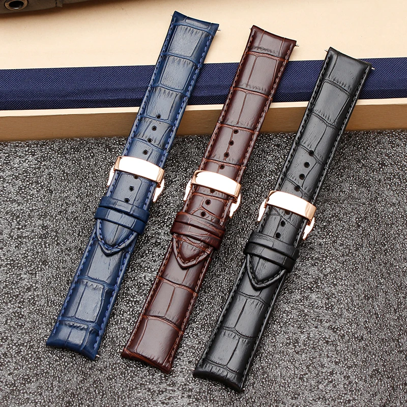 Curved End Genuine Leather Watchband 20mm 21mm 22mm For longines Tissot Citizen tudor Arc Mouth CASIO men Watch Strap bracelet