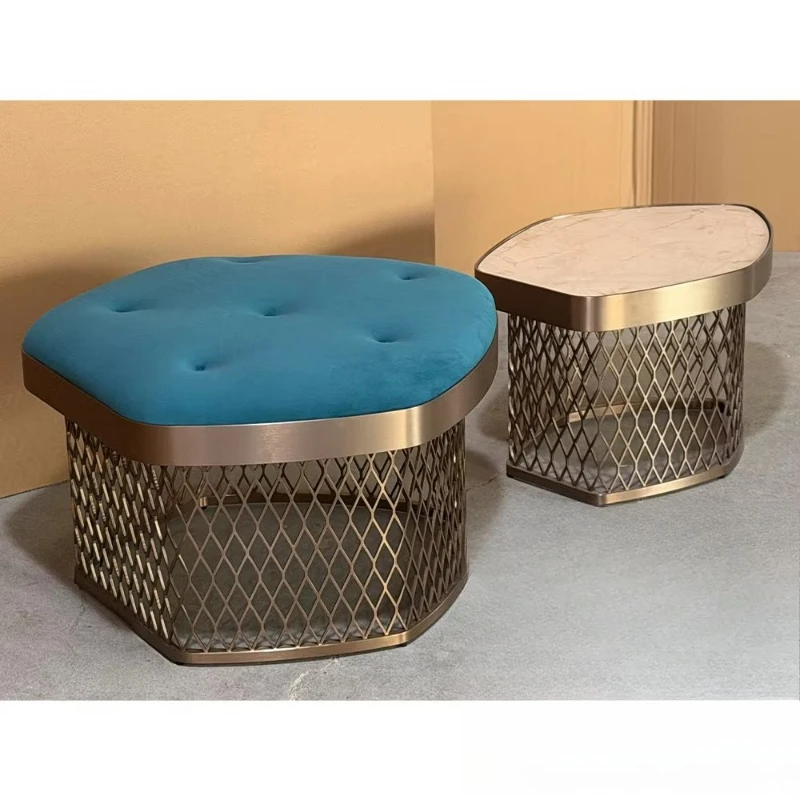 Hexagonal Diamond Metal Tufted Blue Velvet Cushion Marble Living Room Side Table Stool Set