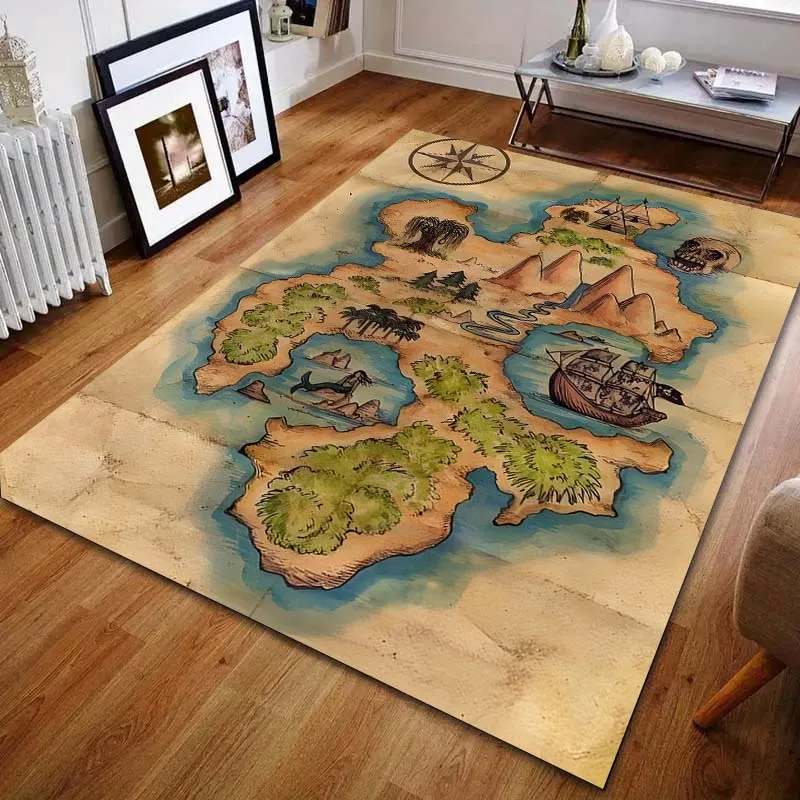 1PC Vintage Pirate Treasure Map Print Carpet for Bedroom Living Room Bedside Sofa Floor Mat Modern Home Decor Area Rug