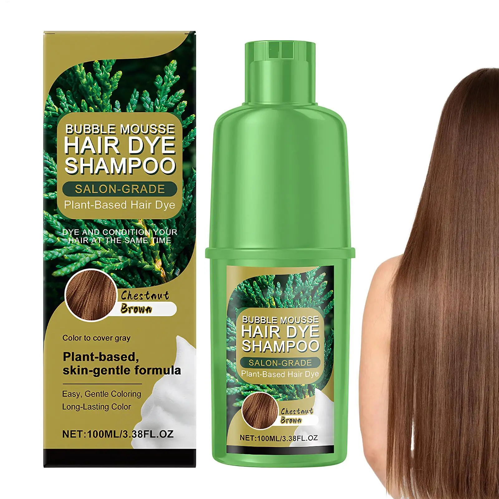 Tinte de Cabello en Espuma de Extracto de Plantas Puro de 100 ml, Tinte de Cabello en Espuma a Base de Plantas de Castaño para Hombres y Mujeres, Cubre las Canas, Champú Colorante para el Cabello