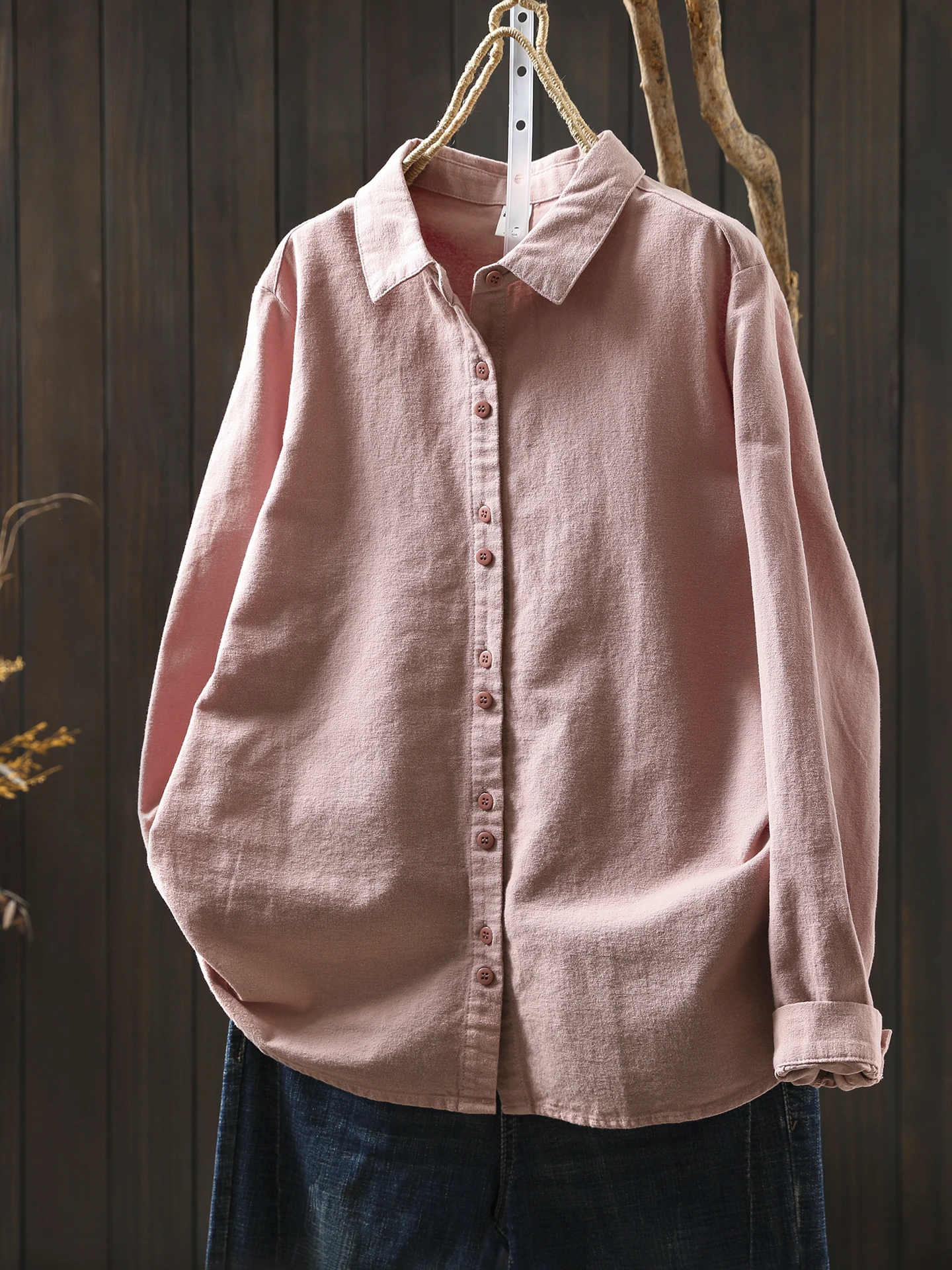 

Розовый хлопок Long Sve irt Женский свободный крой Повседневный Sle Pure Color Brued Surface Универсальный простой дизайн Осень Новый Ar...