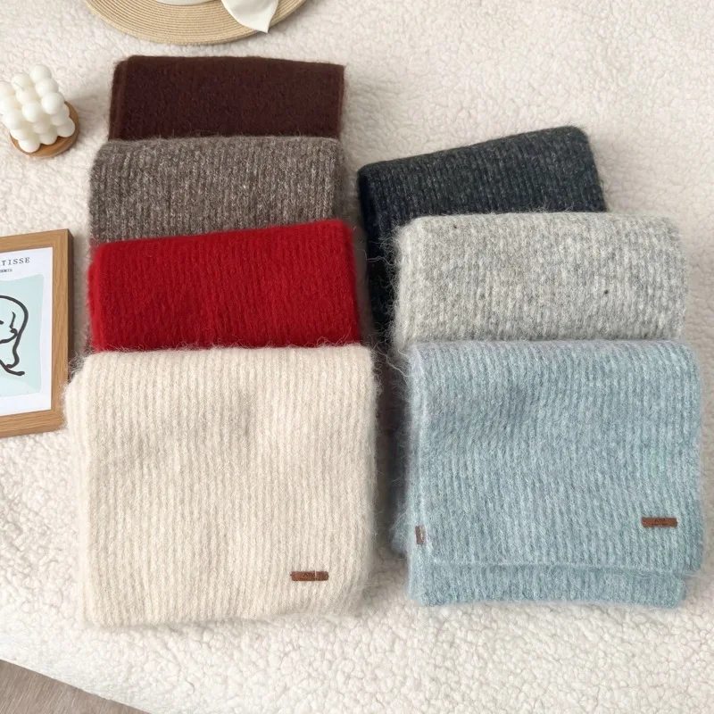 Woolen Mixed Texture Scarf for Women Warm and Simple Leather Label Versatile for Couples in Autumn and Winter Knitted Scarf