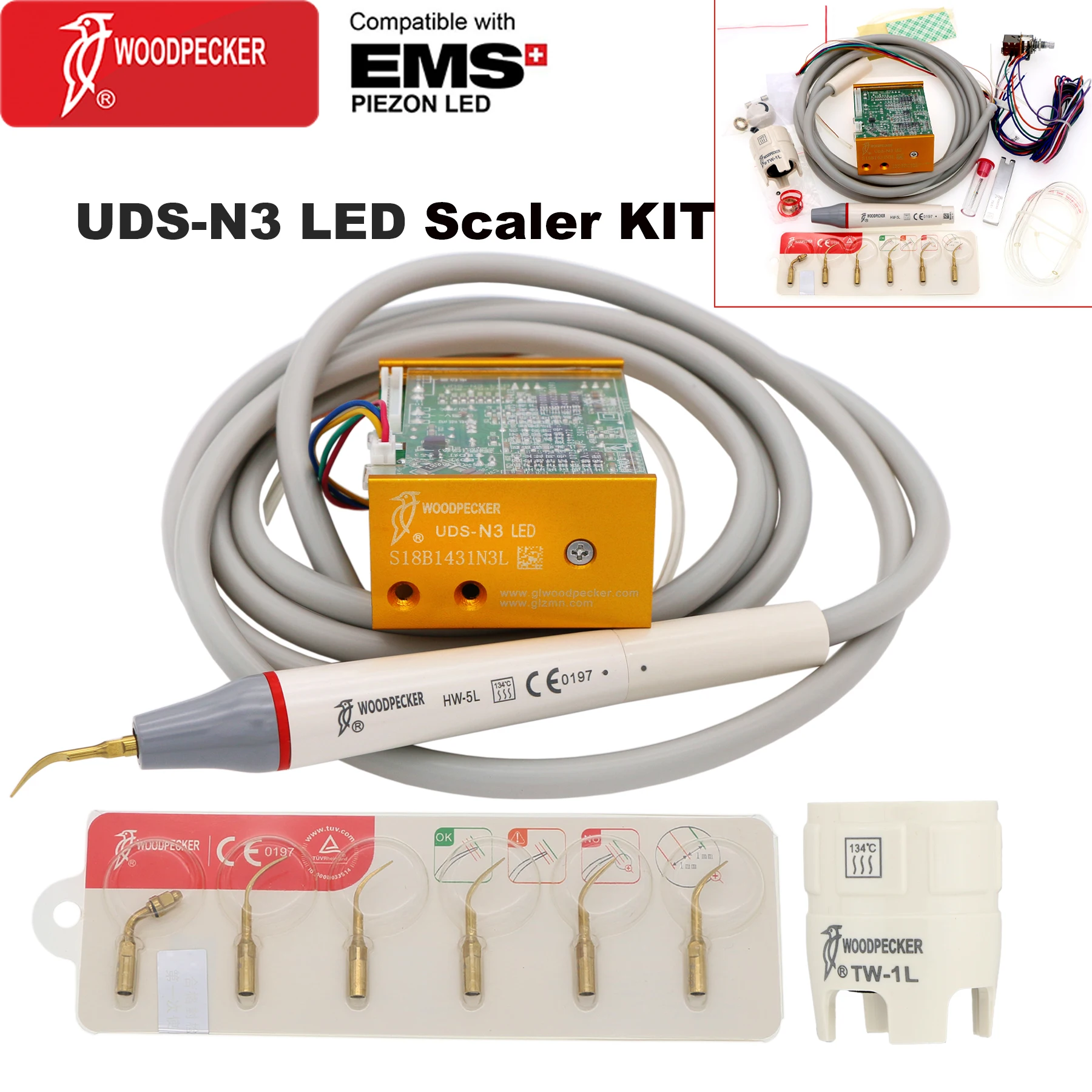 Woodpecker-escalador ultrasónico Dental, pieza de mano, UDS-N3, LED, piezoeléctrico, puntas de escalado, Limpieza de dientes, ajuste EMS