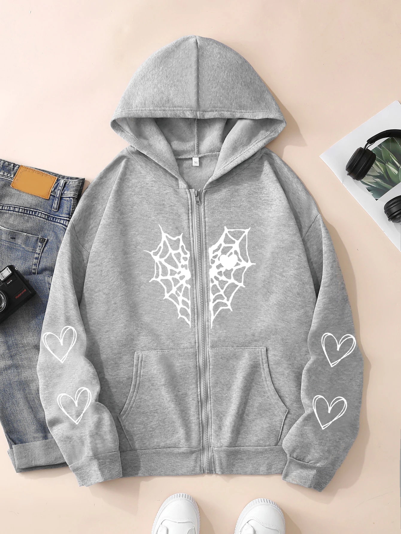 XUANSHOW Herbst Winter Lose Frauen Hoodies Gothic Harajuku Y2k Kleidung Spinne Web & Herz Druck Zip Up Thermische Strickjacke Mantel – Detail 15