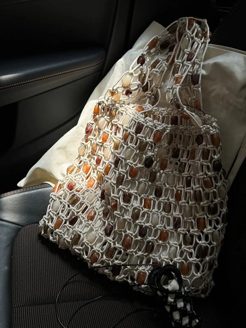 Handmade Hollow Out Cotton Rope Crochet Bag Ladies Summer Beaded woven bag Bucket Bag Phone Purse Handbag For Girls