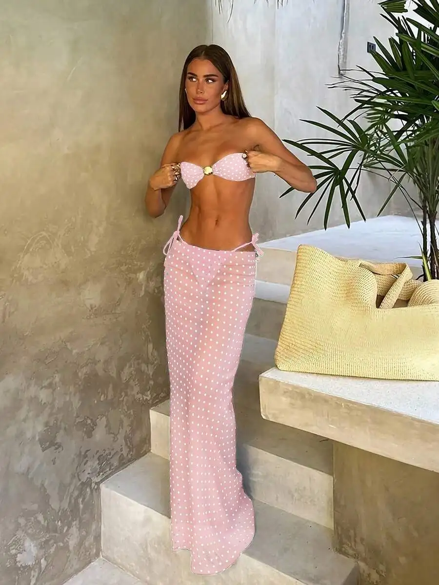 

Pink Polka Dot Two Piece Bikini Swimsuit Bandeau Top High Waist Bottom Beach Vacation Swimwear