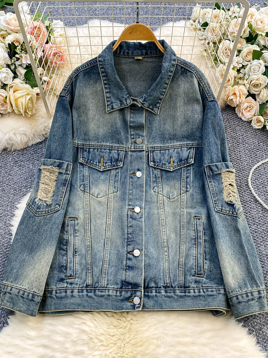 

Джинсовая куртка в стиле ретро с американской талией, женская свободная посадка, осенний дизайн, рваный топ для похудения, длинное пальто на пуговицах
