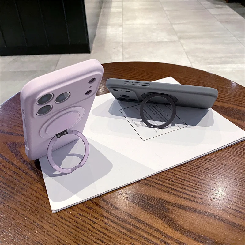 Custodia magnetica per telefono con supporto ad anello in colori solidi in silicone liquido di lusso per iPhone 17 Air 16 15 14 13 12 Pro Max Cover antiurto