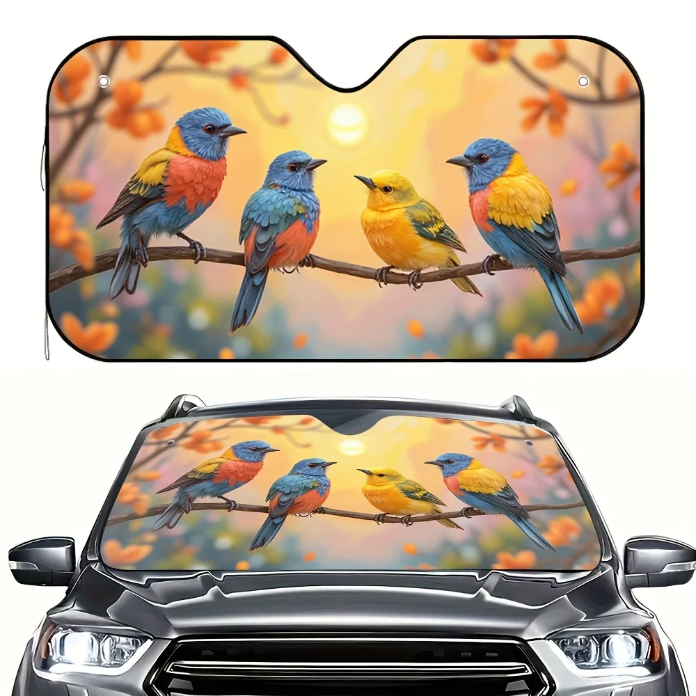 1pc Vibrant Bird Sun Visor - Colorful Parrot Design With Sunset & Floral Background, Universal Fit For Luxury Sedans, Elegant Au