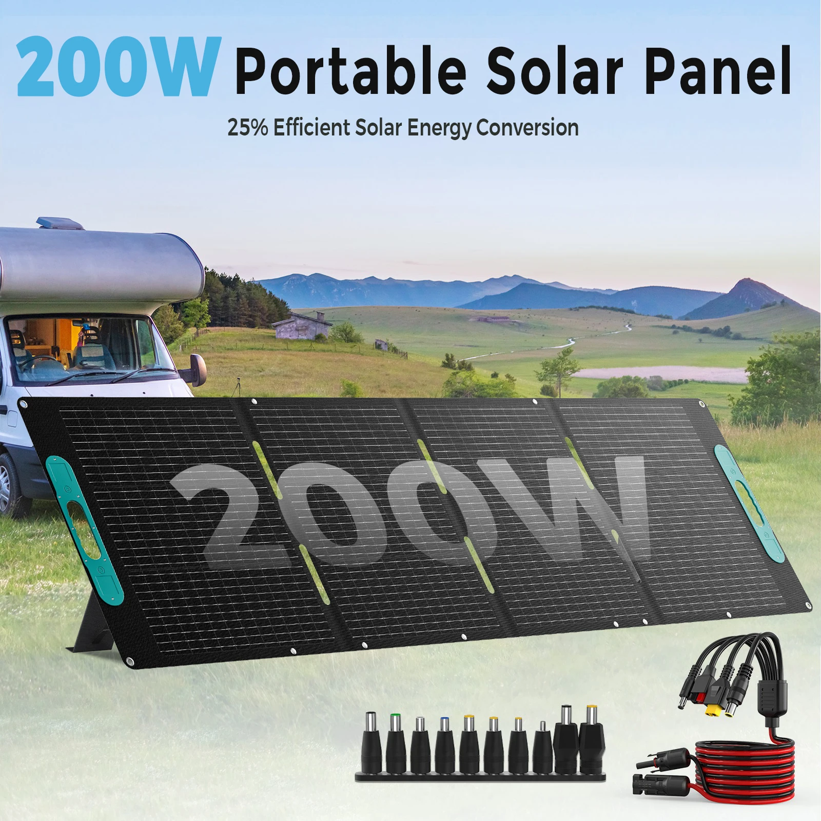 RVPOZWER 200W Foldable Monocrystalline Solar Panel ETFE IP67 Waterproof 25% Efficiency Portable PV Adjustable Bracket MC4 for RV Camper Van Camping Off Grid Battery Charging