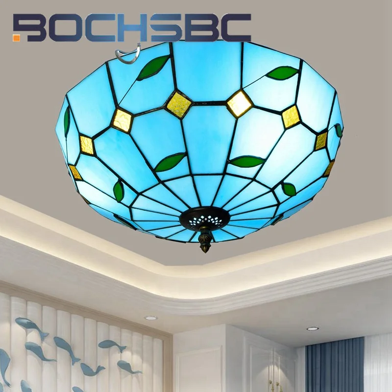 BOCHSBC Tiffany style stained glass Mediterranean green leaves 16 inch ceiling light for living room bedroom corridor LED decor