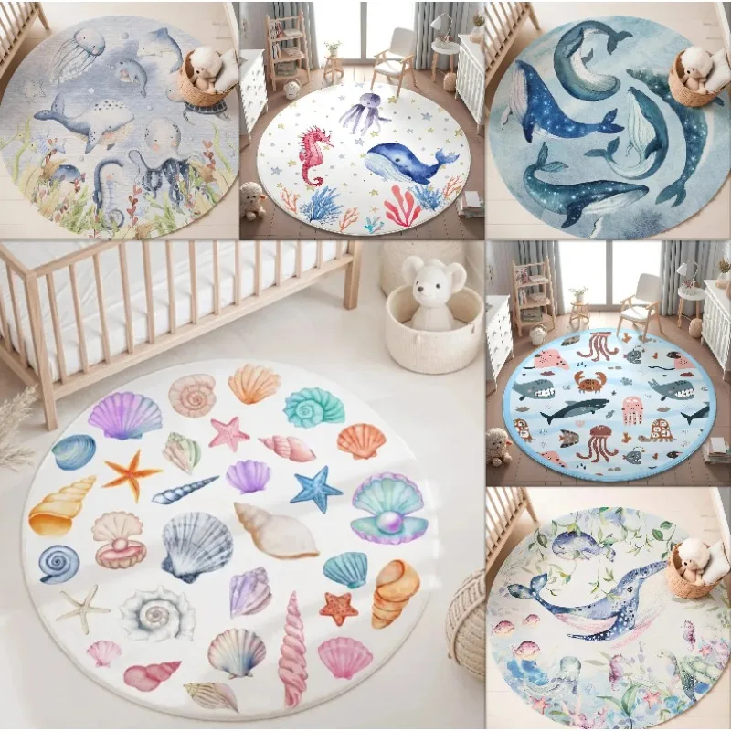 Round Blue Ocean-Themed Soft Rug for Kids Playroom Living Room Nursery Bedroom Decor