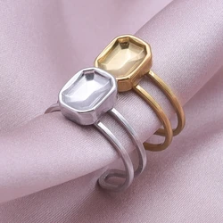 Irregular Rectangular Smooth Concave Surface Fashion Gold Plated Ring Staless Steel Opening Adjustable Couple Wedding Rings Set