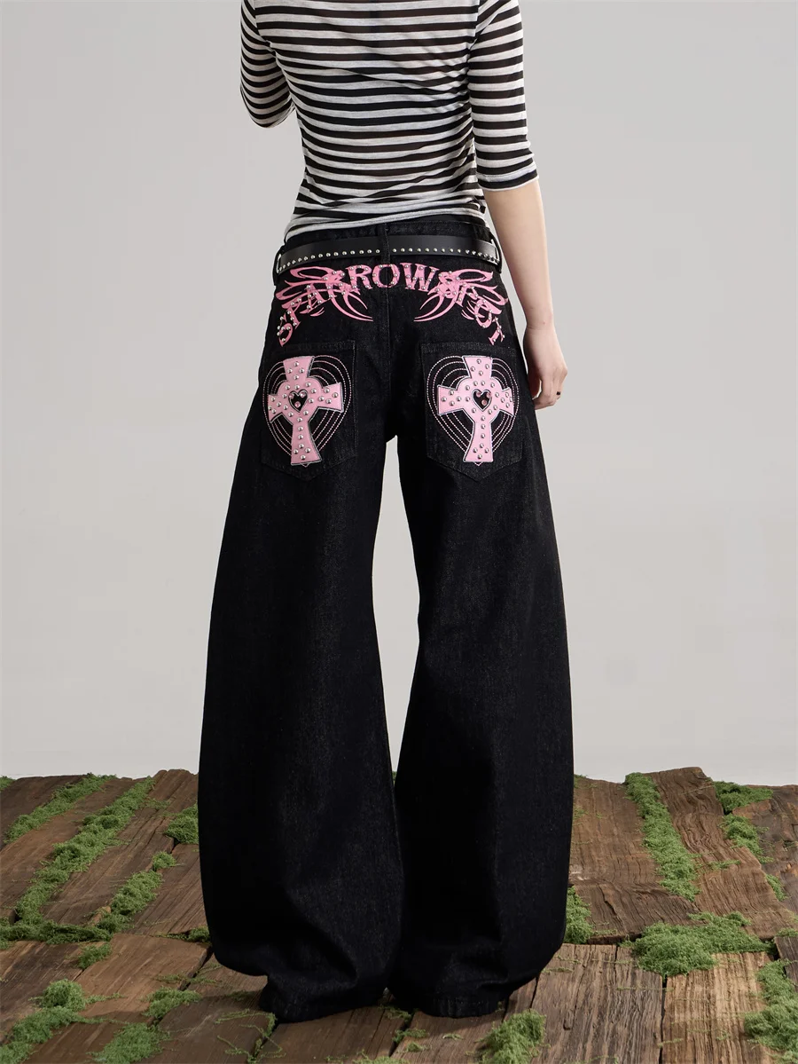 Black High Street Loose Cross Blade Knife Denim Jeans Women's Wide Leg Long Pants American Retro Style ONLPP Ladies Jeans