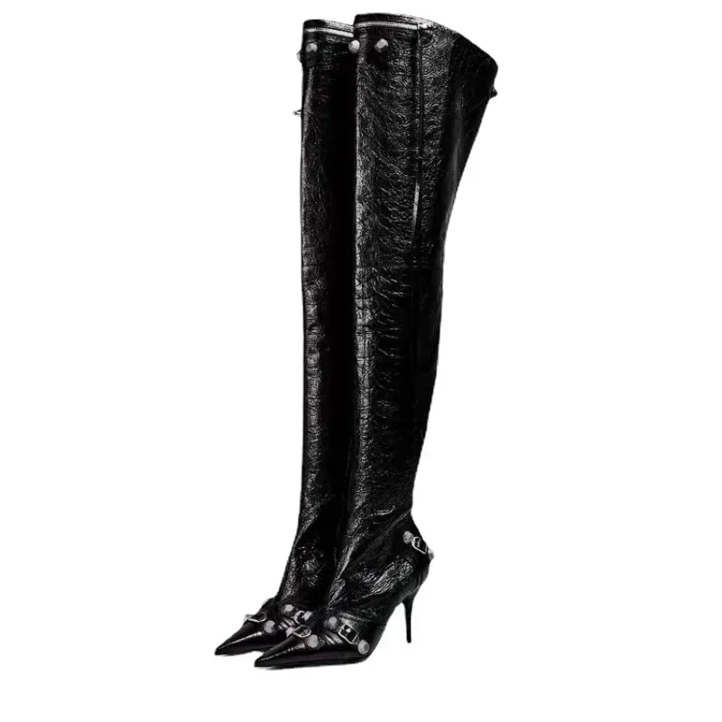 2024 Spring Luxury New Fashion Sexy Pointed Toe Metal Buckle Over Knee Boots for Women Slim Tassel High Heels Big Size Shoes 43