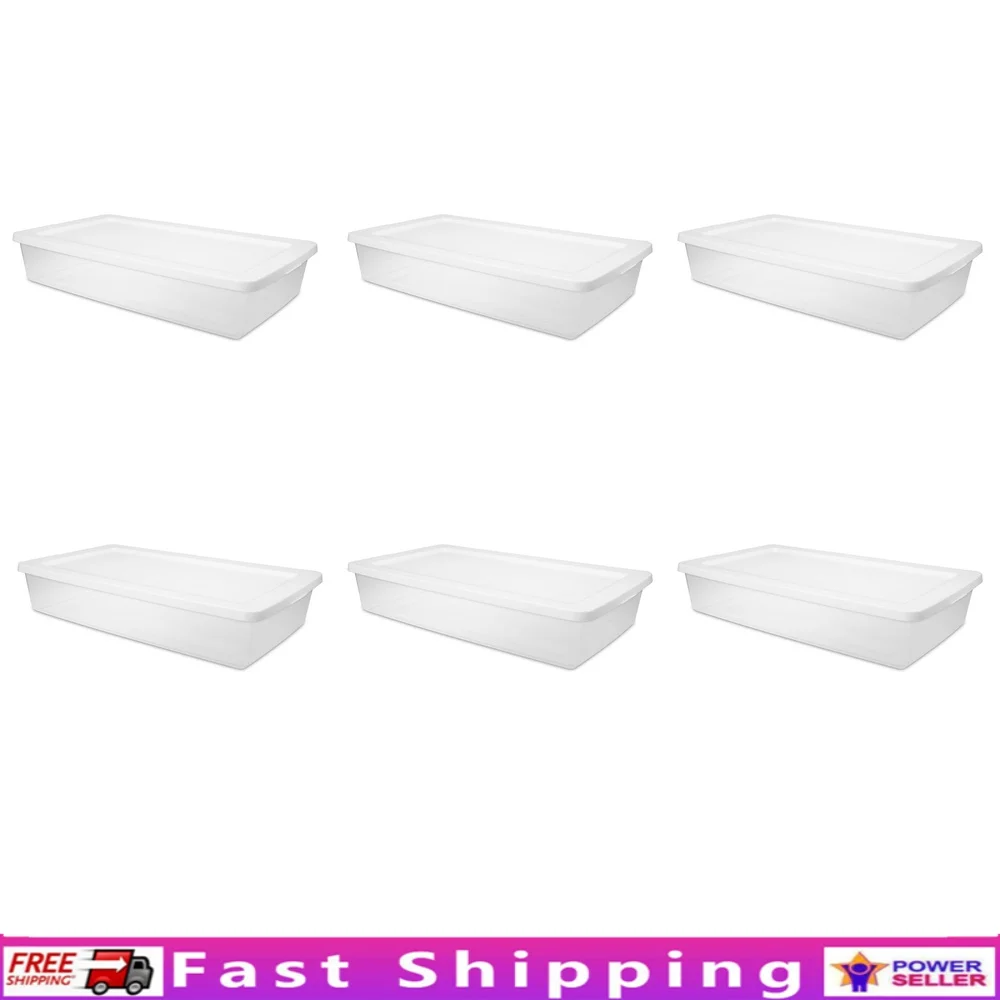 

41 Qt Stackable Storage Boxes Plastic Set of 6 Opaque Lids Clear Base Household Organizing Containers Durable Lightweight Under